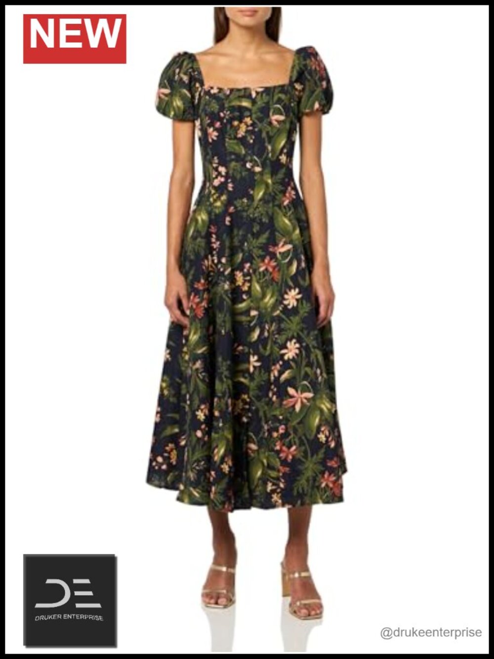 Silk Linen Blend Midi Dress Square Neck Short Sleeve
